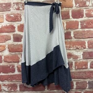 DKNY Skirt Women's 6 White Blue Striped Wrap Asymmetric Casual Tie Waist Midi